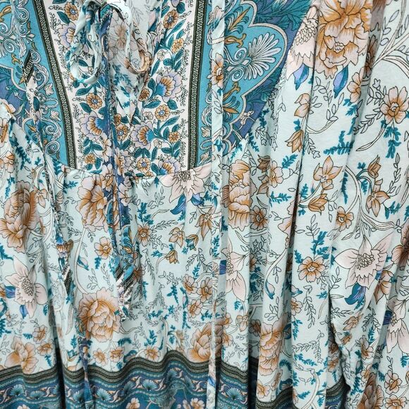 Brown Coco Bohemian Top Womens 1XL Green Blue Tan Front Ties Smocked Cuffs Boho - Picture 5 of 11